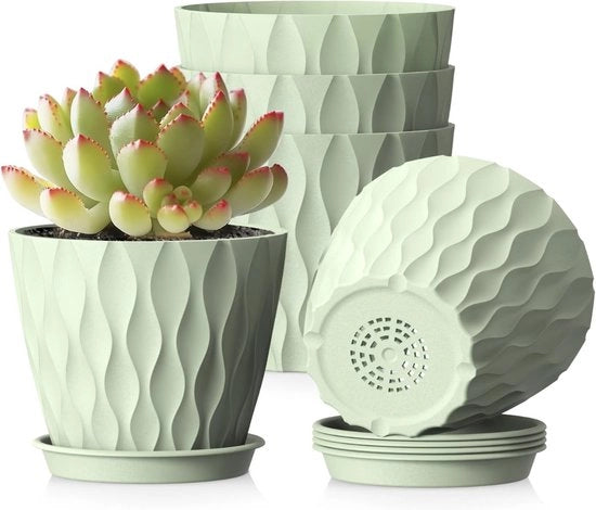 Set di 5 Vasi di Fiori Verdi 10,2 cm | Piccoli Vasi di Plastica per Piante con Fessure di Scarico e Coperchi | Tessuto di Onda 3D | Per Piante Grassicce, Cactacee e Piante da Interno