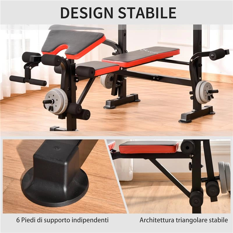 PANCA MULTIFUNZIONE REGOLABILE CON SUPPORTO PER BILANCIERE, IN ACCIAIO E PLASTICA, 175X139X127 CM, ROSSO E NERO