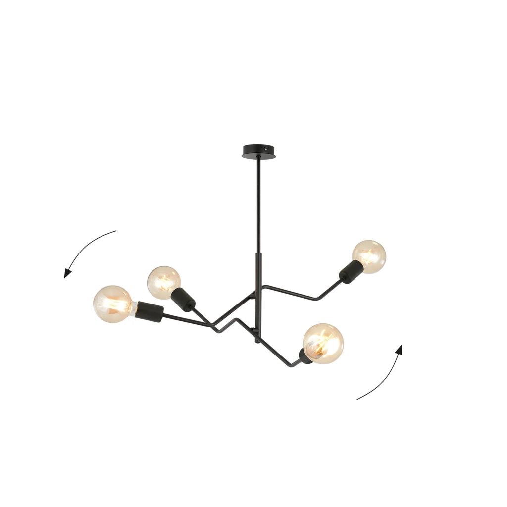 Sospensione Industrial 4 Luci Febe In Acciaio Nero E Bracci Regolabili