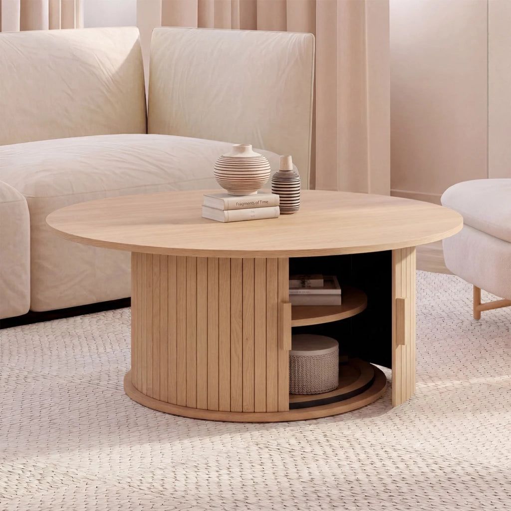 IDMarket - Tavolino rotondo JULIETTE 100 cm con doghe in legno color rovere