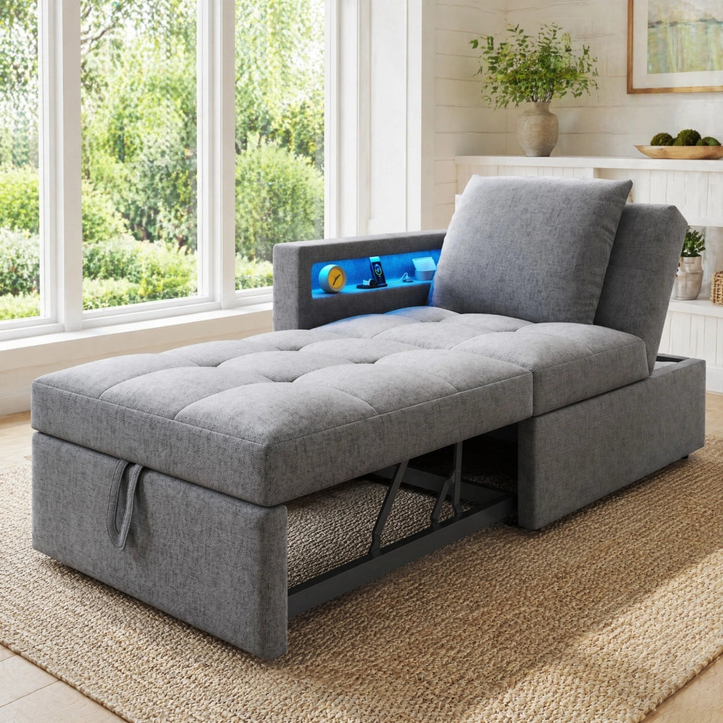 Divano letto 3 in 1 effetto lino, schienale 5 posizioni, USB/Type-C e LED, grigio chiaro