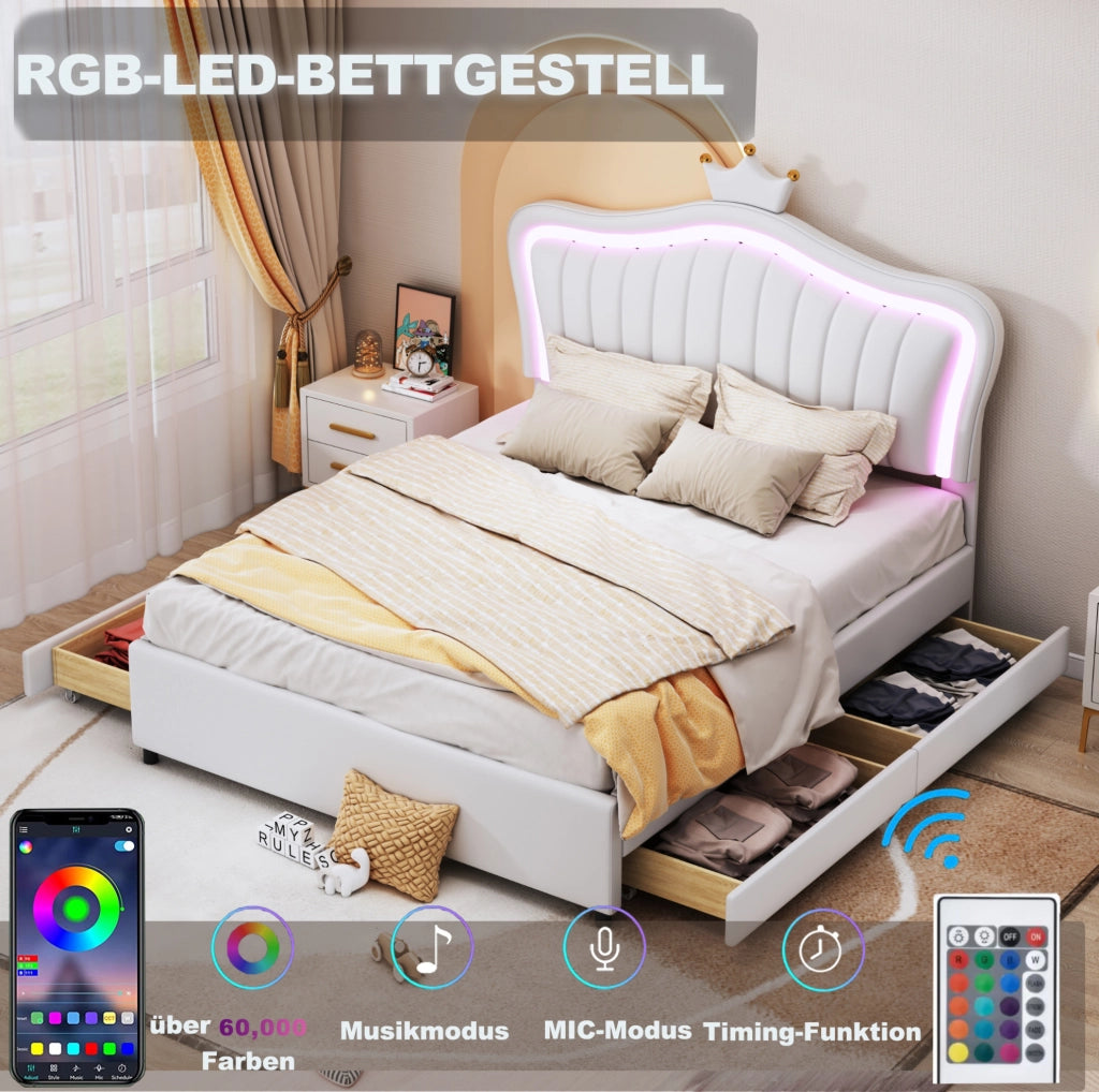 Letto imbottito 140x200 cm con cassetti contenitore; LED; PU bianco
