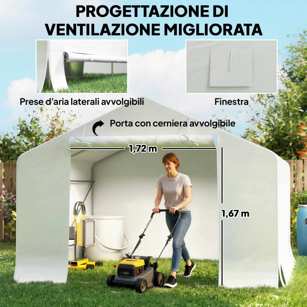 Capanno da Giardino e Tenda Garage 3x3 m Impermeabile con Porta Avvolgibile in Metallo e PE Bianco