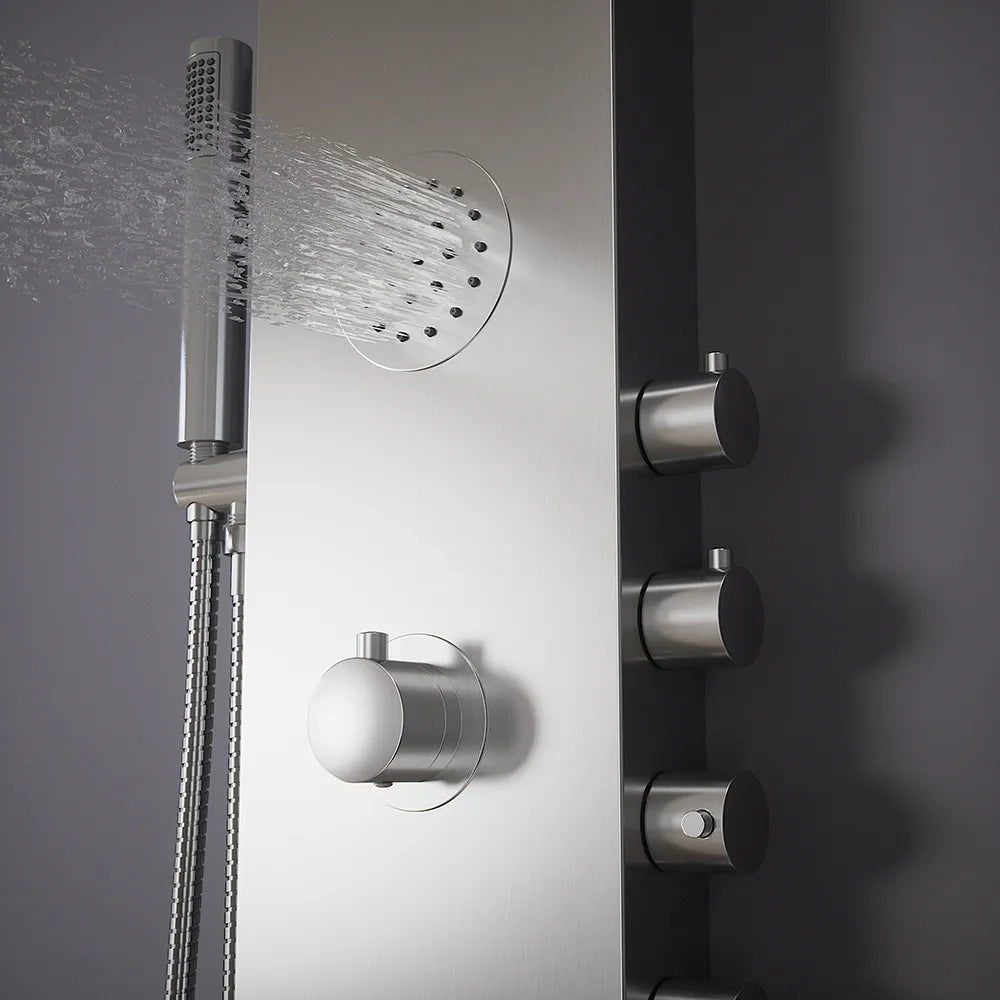 Pannello doccia termostatico con cascata in acciaio cromato, doccino, 4 funzioni |  Saturnia