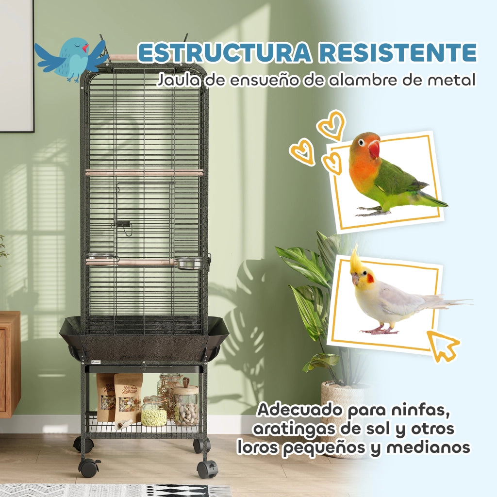 Gabbia per Uccelli con Ruote, Mangiatoie e Ripiano ¨C Zephmum ¨C Grigio Scuro 62.5x62.5x146 cm