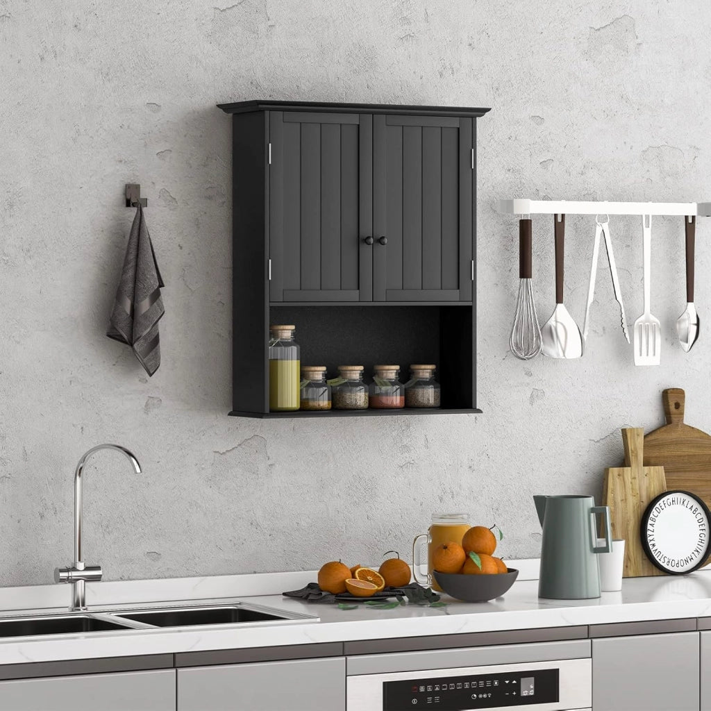 Mobiletto Pensile da Bagno, Mobile Armadietto Bagno sospeso con 2 Porte, Armadietto a Muro delle Medicine, Mensola Regolabile, Capacità di 30 kg (Nero)