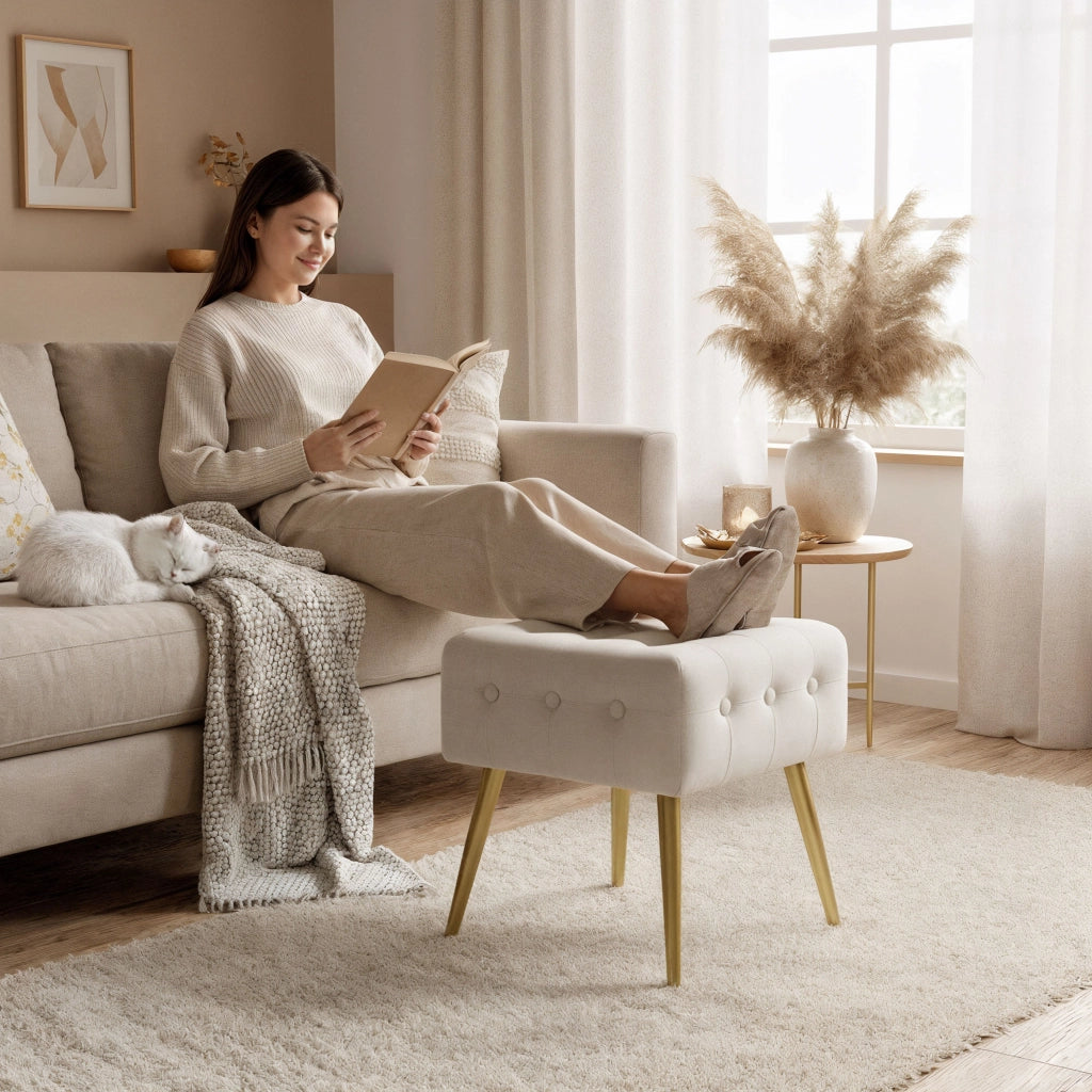 Pouf sgabello in velluto trapuntato 40 cm QUADRA Beige