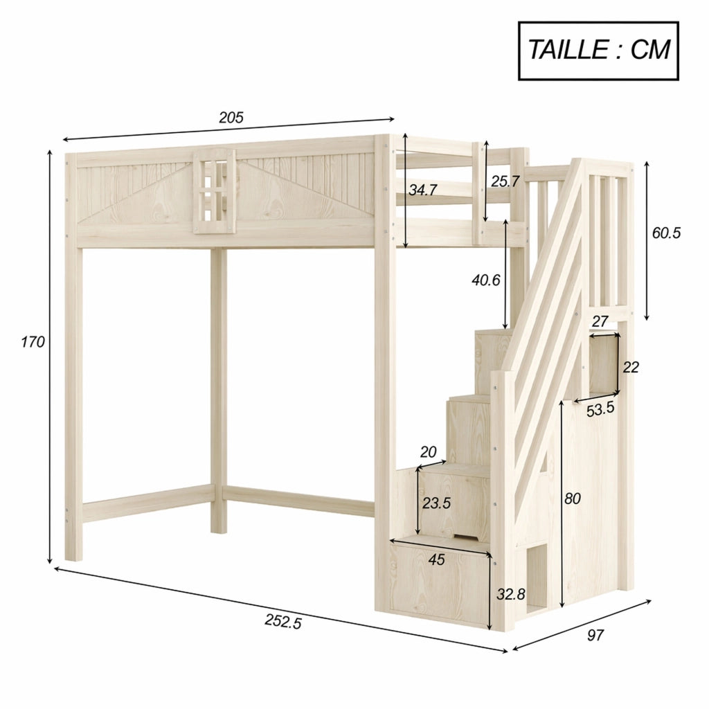 DESMIU Letto a soppalco 1 posto con contenitore, scala reversibile e finestra 90 × 200 cm, senza materasso