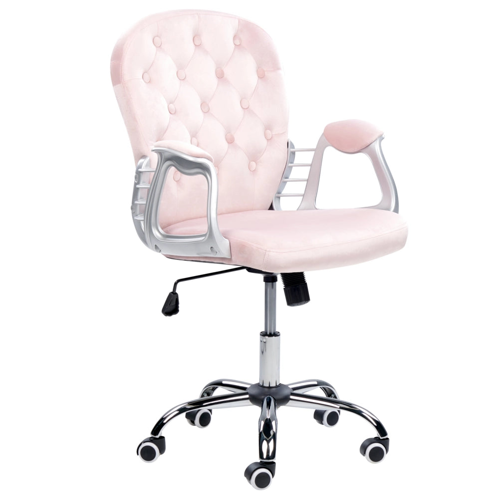 Sedia da ufficio in velluto rosa con altezza regolabile e schienale trapuntato stile retrò moderno