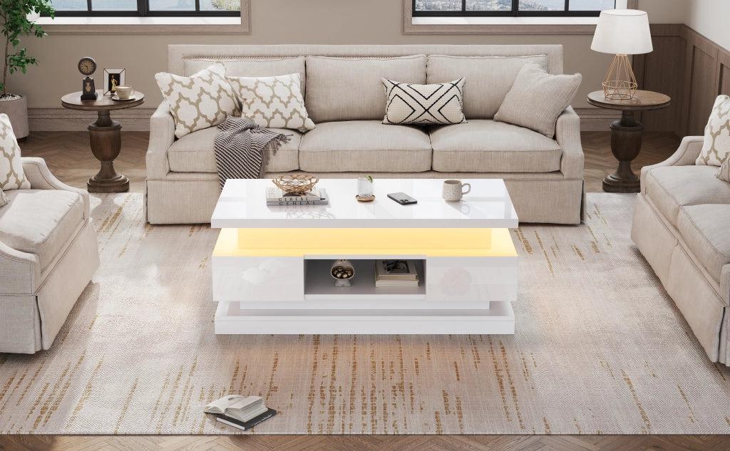 TAVOLINO DA SALOTTO ALZABILE 100 x 50 x 40 cm Bianco Lucido con LED e 2 Cassetti