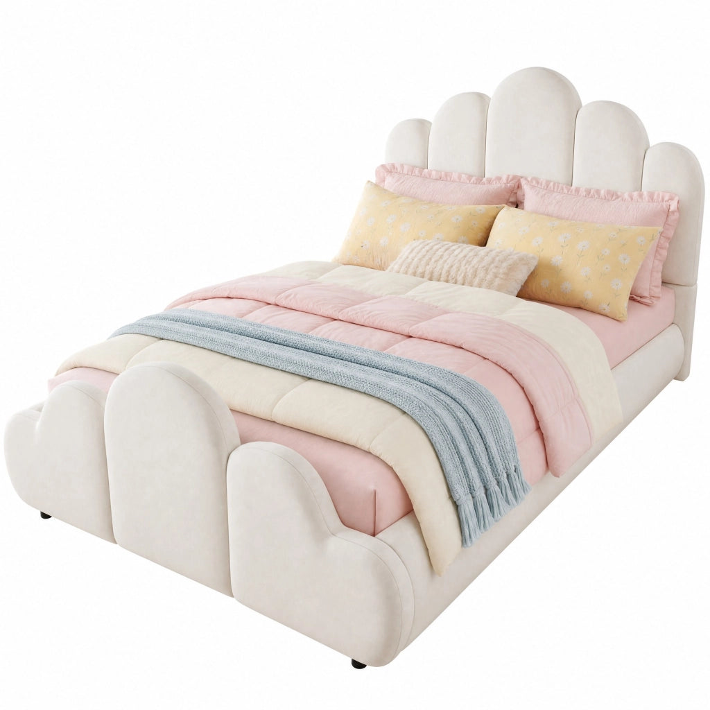 Letto singolo imbottito 90x200 cm in velluto beige con testiera, struttura arrotondata e rete inclusa