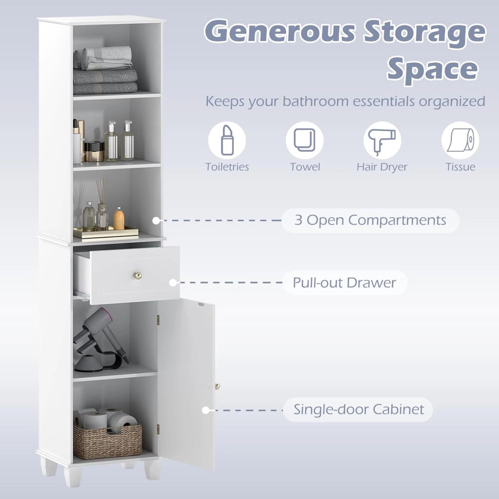 Mobile alto 172 cm, armadio da bagno sottile con 3 ripiani aperti, 1 cassetto, 1 anta e ripiano regolabile, 40 x 30 cm, mobile da bagno indipendente per cucina e soggiorno