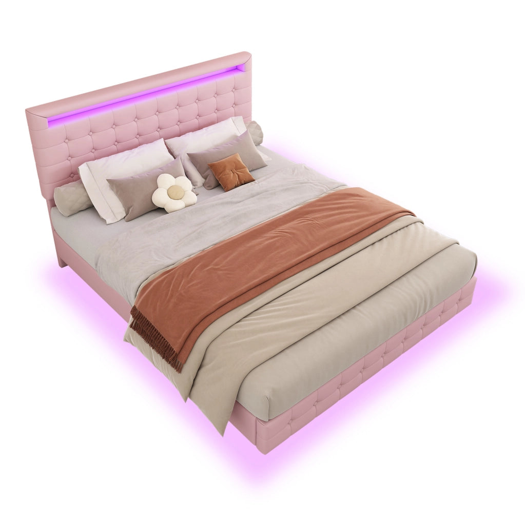 Letto matrimoniale 140x200 cm; LED regolabile; testiera regolabile; PU; rosa