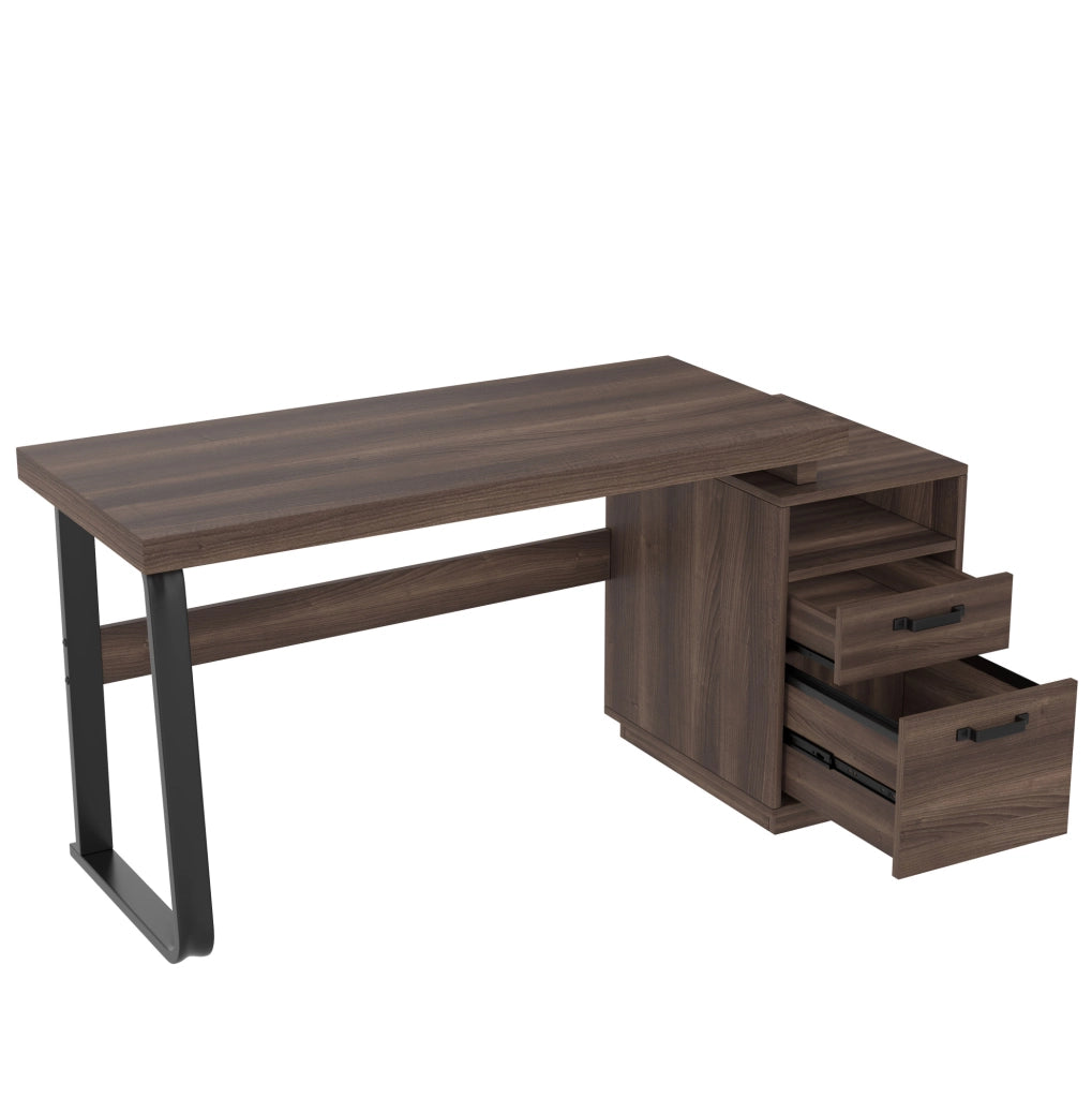 Scrivania 135x54 cm con vano aperto e cassetto silenzioso in MDF e metallo marrone