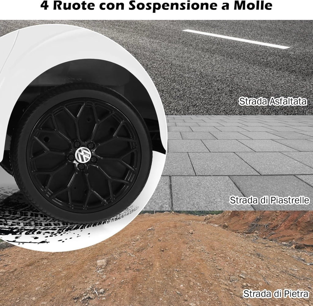 12V Volkswagen Macchina Elettrica per Bambini, Auto Elettrica con Telecomando Luci Musica Doppia Porta, 5km/h Carico 30kg, per Bambini 3-8 Anni (Bianco)