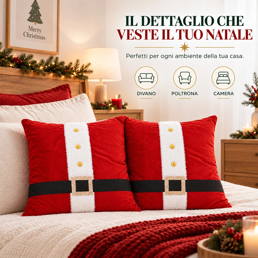 Set 2 Cuscini Babbo Natale Lui e Lei Decorazione 42x42cm Natalizio Verde e Rosso