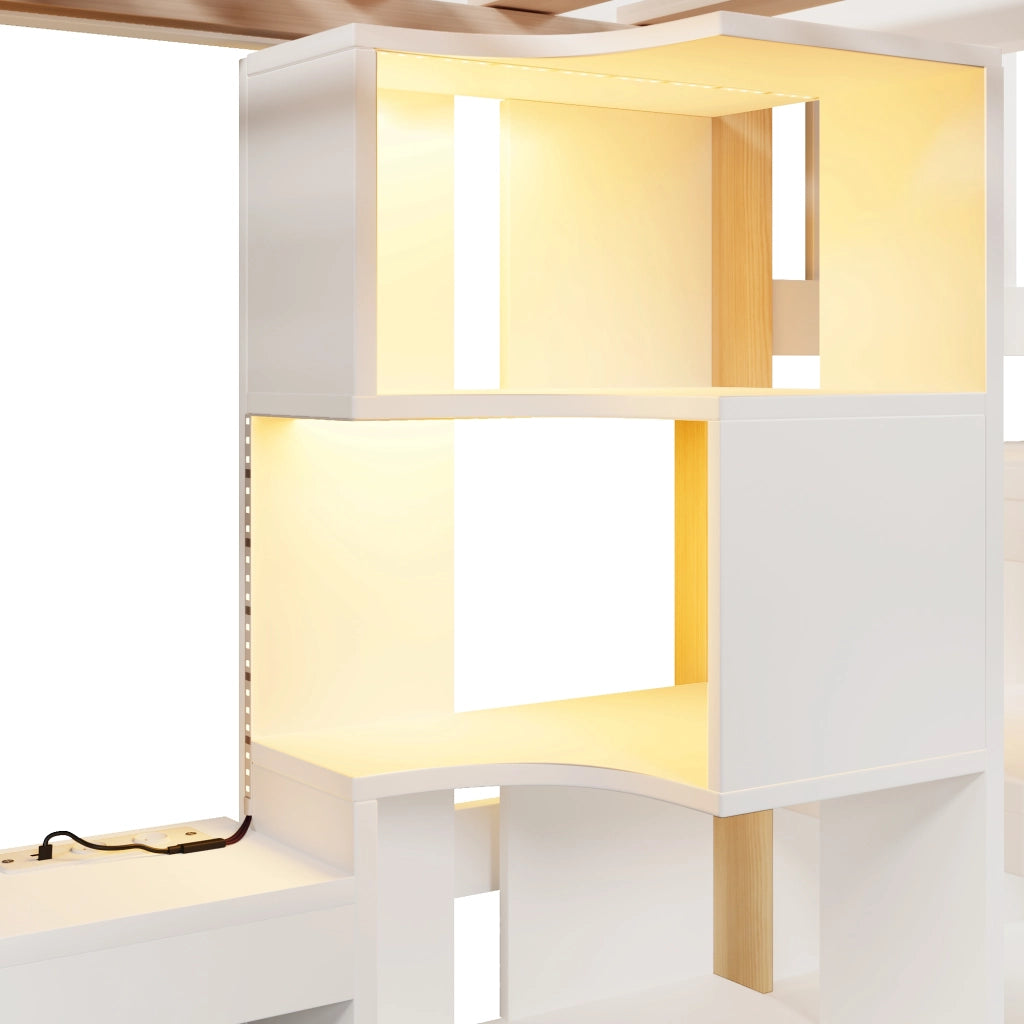 DESMIU Letto a Soppalco 1 Posto con LED, Scrivania, Scala Contenitore e Ripiani 90 × 200 cm, Senza Materasso
