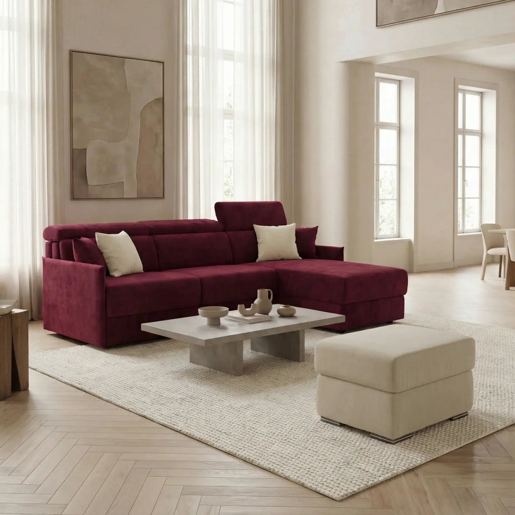 Miryam divano letto angolare compatto - poggiatesta reclinabili e penisola contenitore in tessuto smacchiabile T31 232 cm destro tortora