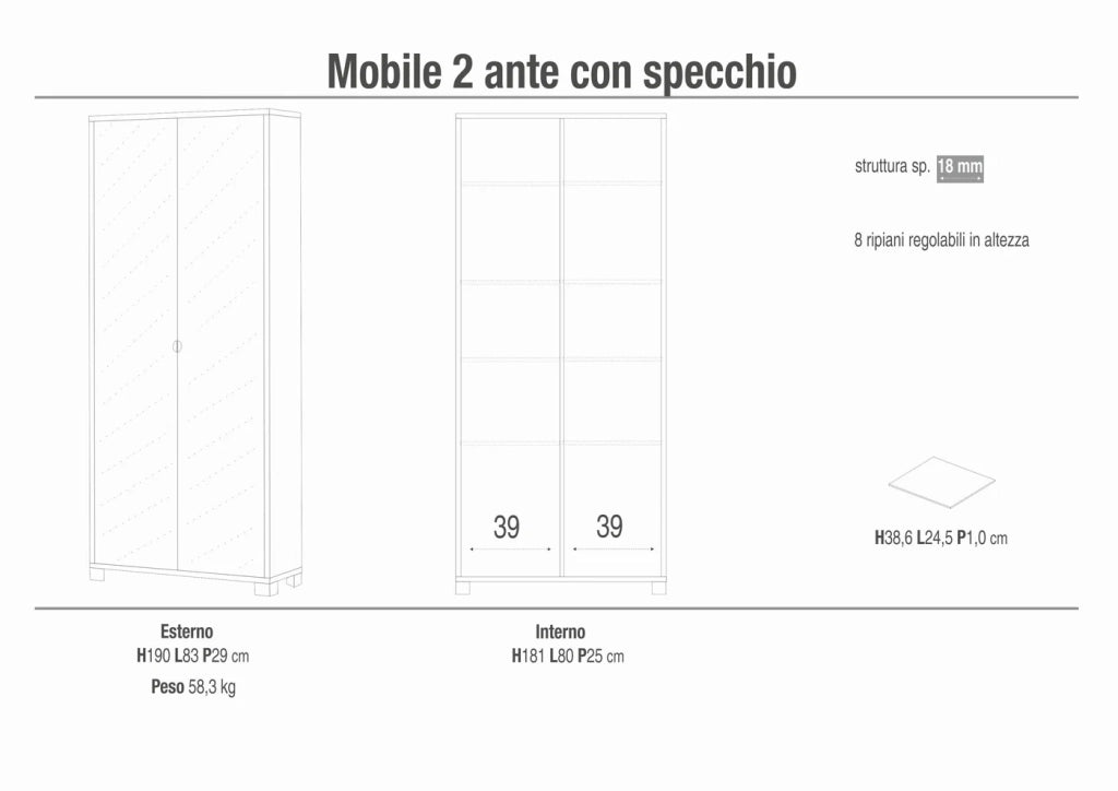 Armadio mobile 2 ante con specchio 83x29x190H cm in kit di montaggio colore Olmo chiaro