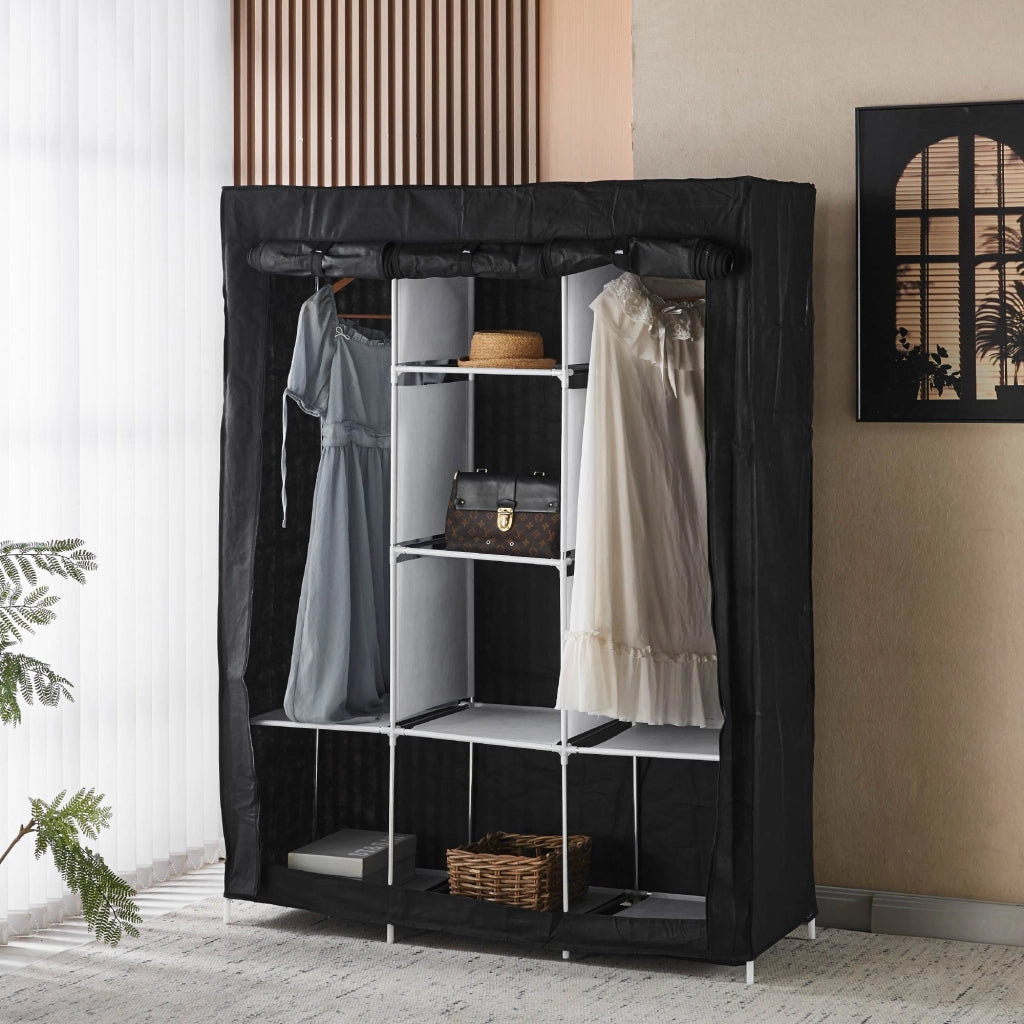 Armadio Guardaroba in Tessuto 128x45x170 cm con Ripiani e Barra Appendiabiti, Struttura in Metallo, Chiusura con Zip, Colore Nero
