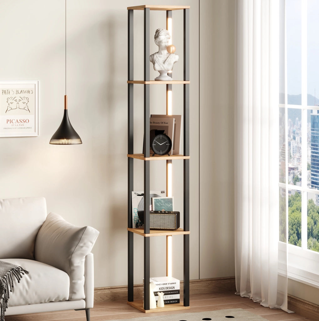 Scaffale a colonna LED 4 ripiani MDF nero e legno 26x26x165 cm
