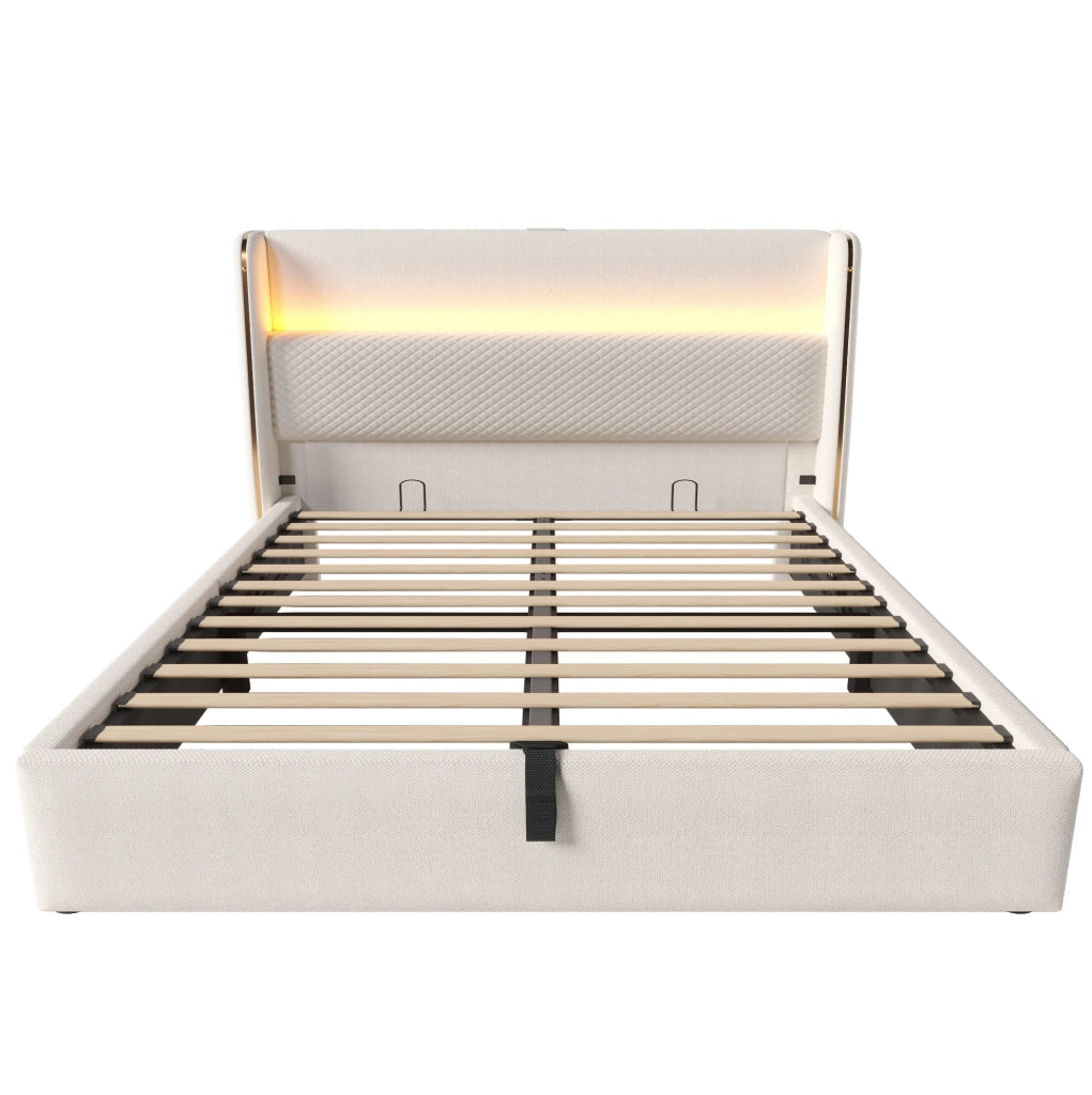 Letto matrimoniale 160x200 cm con testiera alta; contenitore idraulico; LED; USB e Type-C; beige in lino