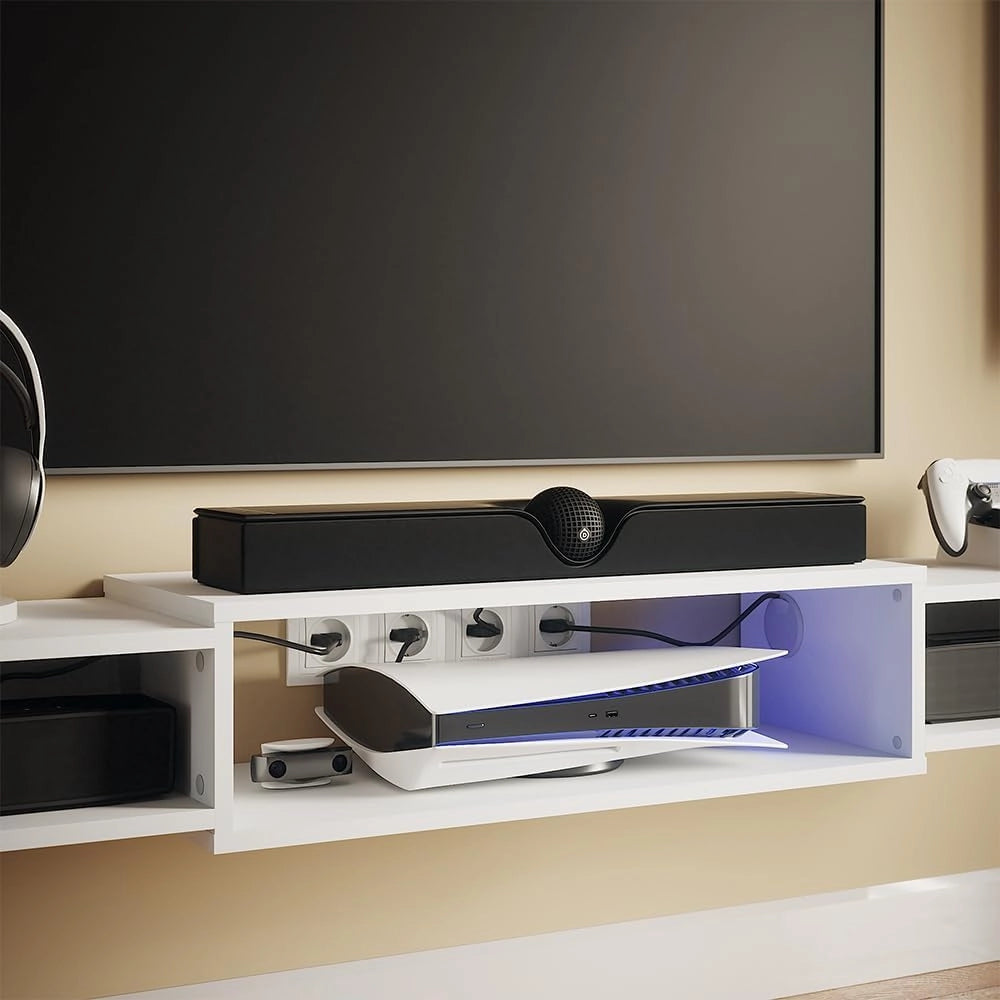 Mobile tv Nordic, Bianco, 139.7 x 20.3 cm con ripiani aperti, adatto al montaggio a parete per una configurazione flessibile degli spazi