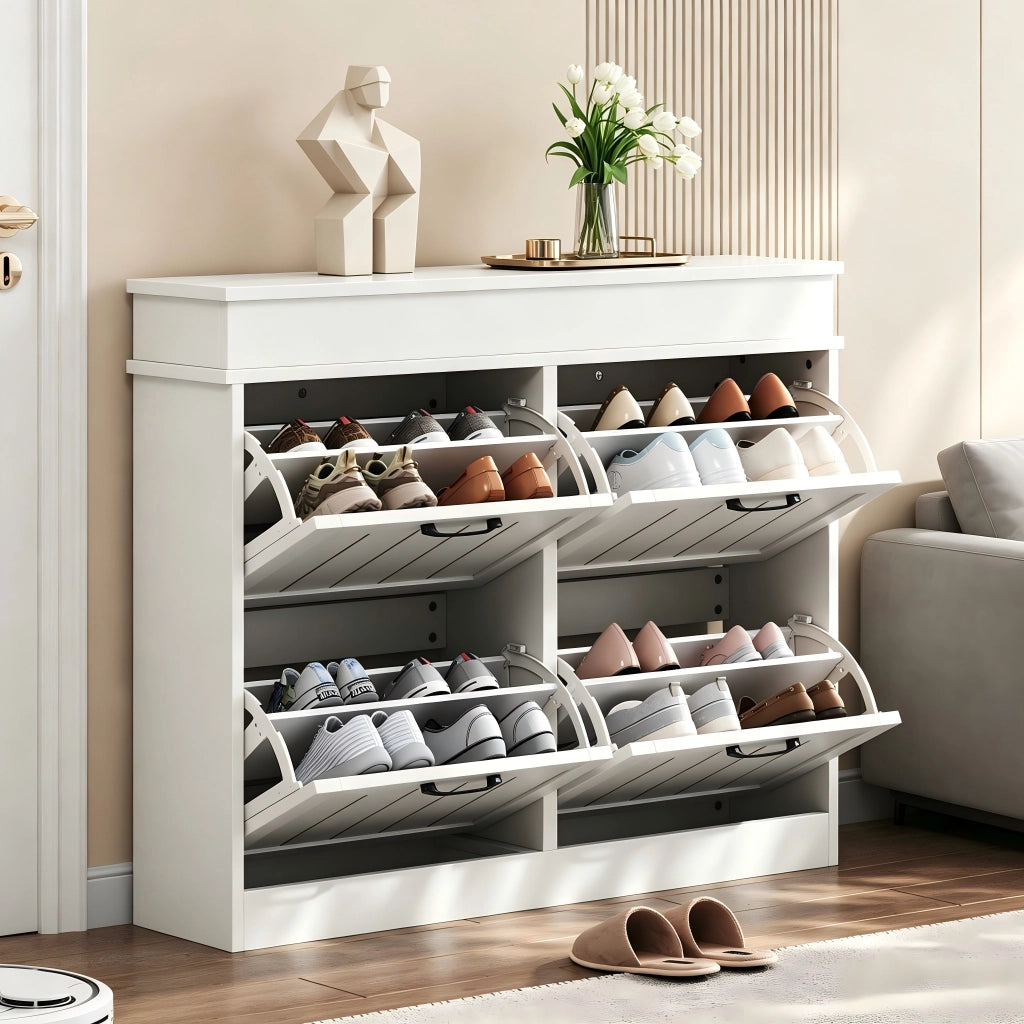Scarpiera salvaspazio con 4 ante a ribalta, 8 ripiani, struttura in MDF, bianco, 105 x 24 x 83 cm