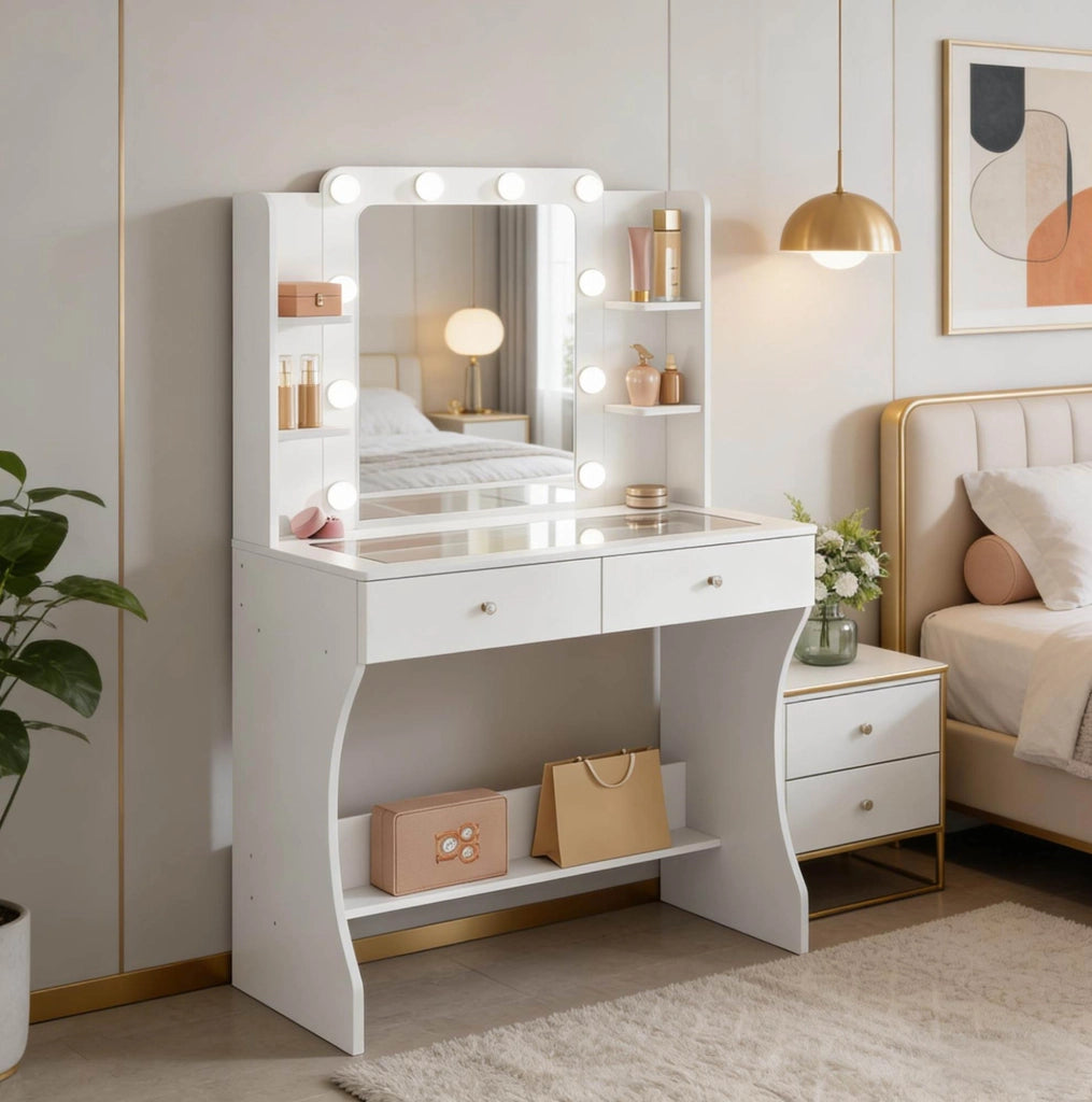 Tavolo da trucco con specchio LED e piano in vetro