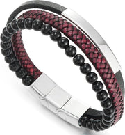 Tre catene di pietre preziose intrecciate cintura in pelle rossa scura con fascia in onice nero - 21,5CM
