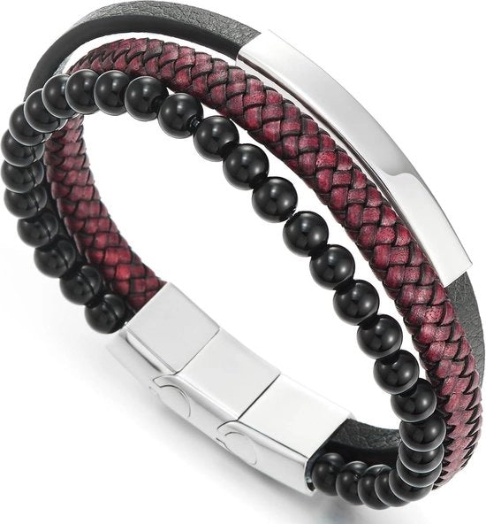 Tre catene di pietre preziose intrecciate cintura in pelle rossa scura con fascia in onice nero - 21,5CM