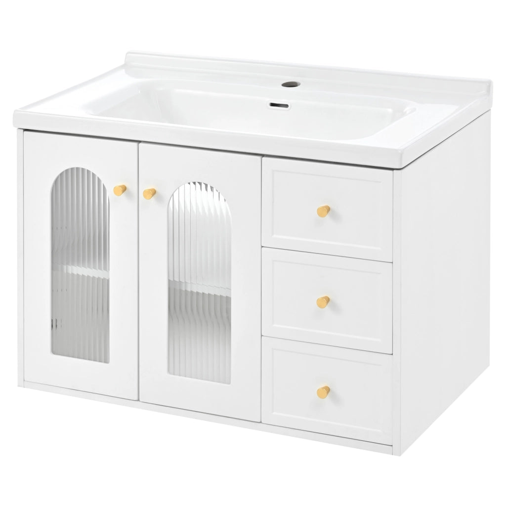 Mobile sottolavabo a parete con 2 cassetti; armadio con porta in vetro ondulato; lavabo in ceramica e ripiani regolabili; bagno