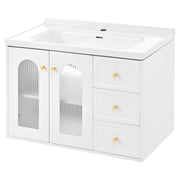 Mobile sottolavabo a parete con 2 cassetti; armadio con porta in vetro ondulato; lavabo in ceramica e ripiani regolabili; bagno