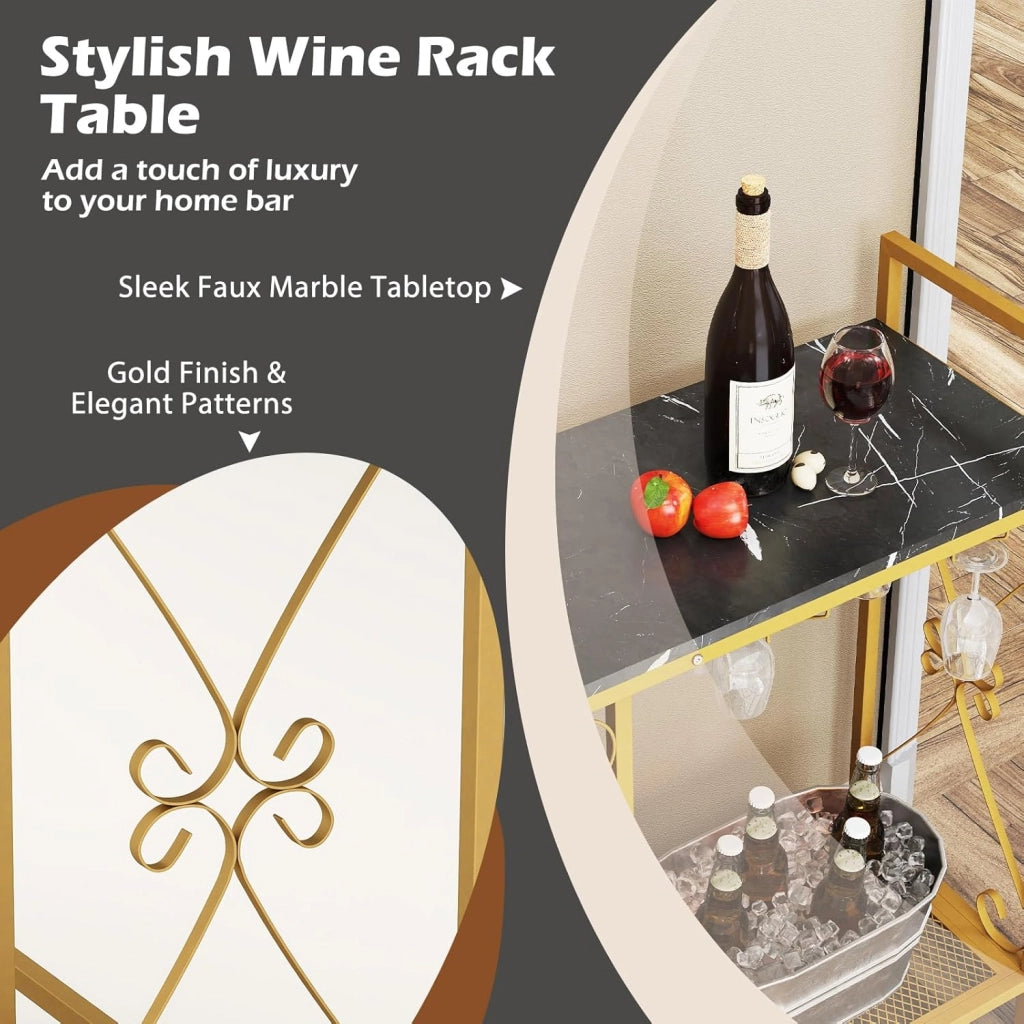Portabottiglie per vino con mensola per 21 bottiglie e portabicchieri, piano ampio e ripiano inferiore, 93 x 38 x 102 cm, mobile ausiliario per bar, cantina, sala da pranzo (nero+oro)
