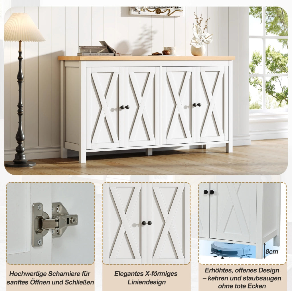 Credenza bianca 140x40x78 cm con 4 ante e 2 ripiani interni