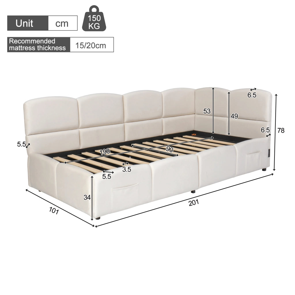 Letto Singolo Imbottito Contenitore in Velluto ¨C MINIMAL ¨C Beige 90x190 cm con Rete a Doghe