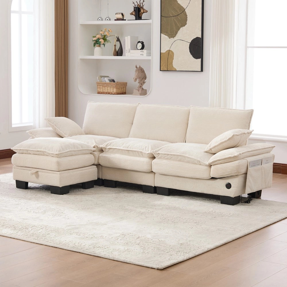 Divano 3 Posti con Poggiapiedi in Tessuto ¨C Xylo ¨C Beige, Cuscini, USB