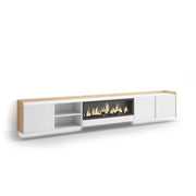 Mobile TV Soggiorno, 315x50x35 cm, Per TV fino a 80", Camino elettrico XXL, Sospeso, da appendere, LED, Bianco e Rovere soft