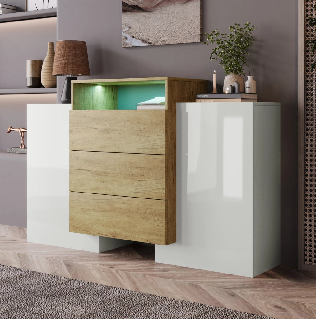 Credenza moderna in MDF bianco lucido e legno con LED multicolore, 140x30x77,5 cm