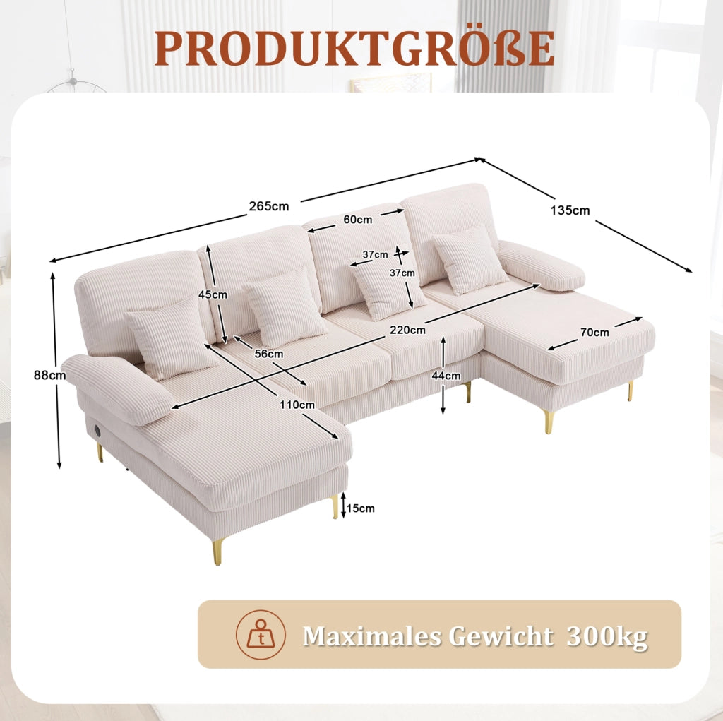 Divano a U in velluto beige con LED; porta USB e struttura in legno massiccio 265 cm