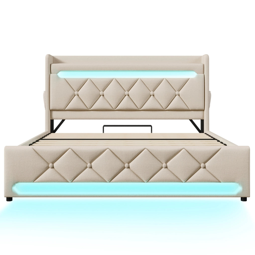 Letto imbottito ULEVR 180x200 cm beige in lino con LED 360¡ã, contenitore idraulico e USB/Type-C