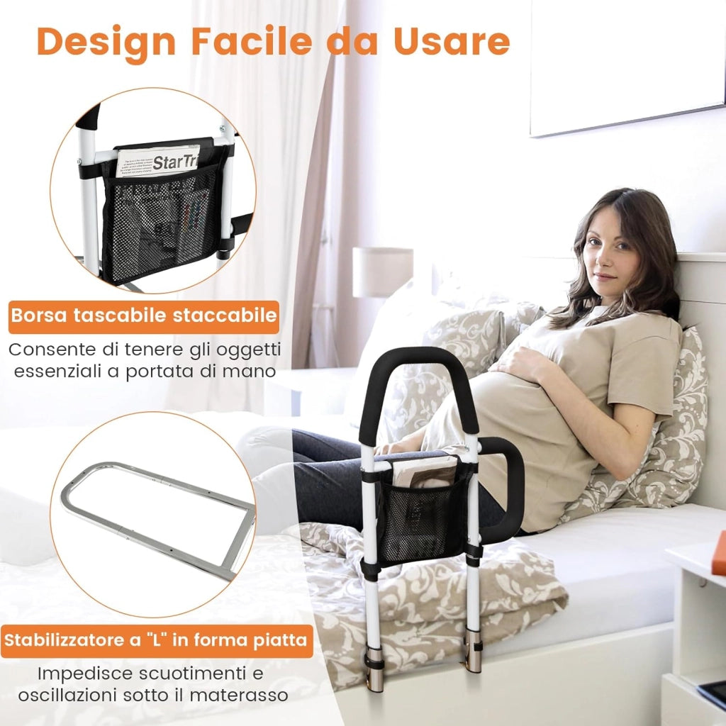 Sponda Letto Anziani Sicurezza Anticaduta, Doppia Impugnatura, Tasca Staccabile, Cinghia Fissaggio, Portata 136 kg, Facile Installazione, per Letti King/Queen (Modello 2)