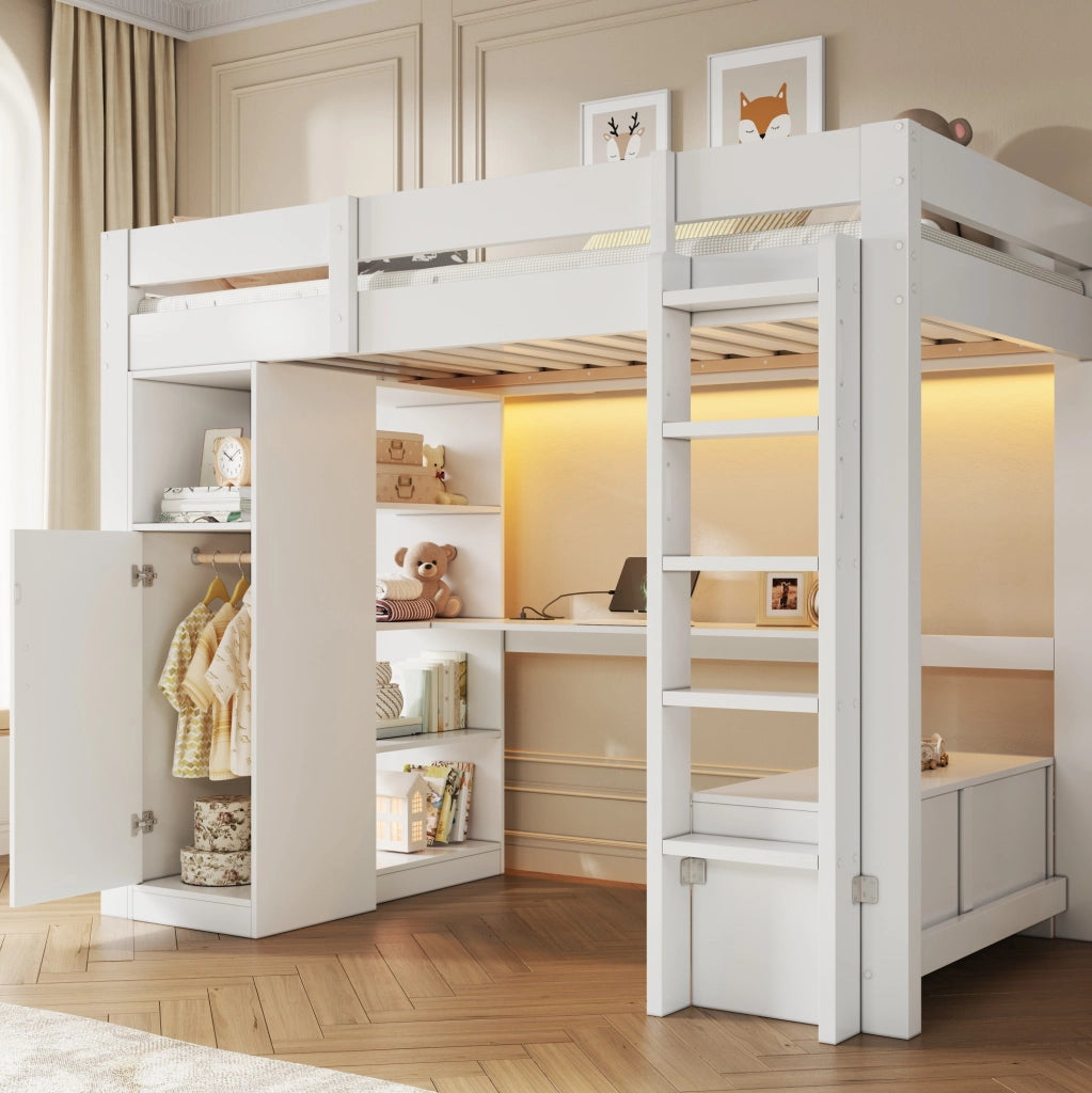 Letto a soppalco 90x200 cm con scrivania, armadio e LED in legno di pino e MDF bianco