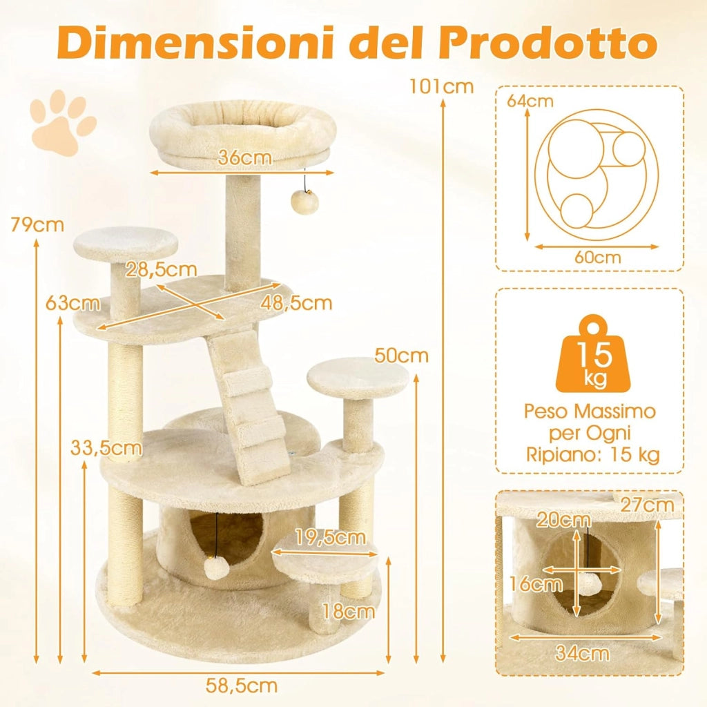 Albero per Gatti, Tiragraffi per Gatti con Condominio, Piattaforma Imbottita, Tiragraffi, Pallina di Peluche Pendente e Scala, Centro Attività per Animali Domestici Interno