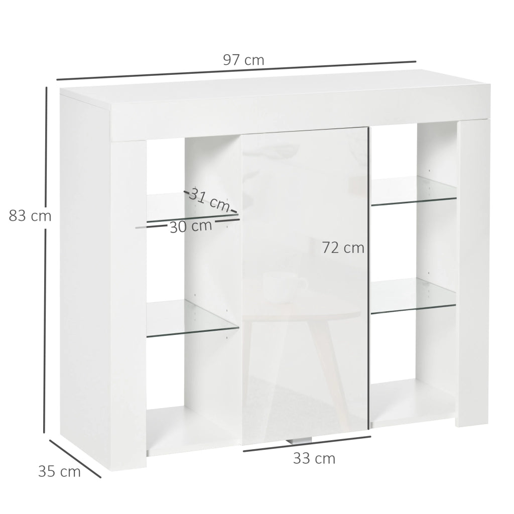 EasyComfort Credenza Moderna a Anta con Luci LED e Mensole in Vetro, Mobile Multiuso in Legno con Finitura Lucida, 97x35x83cm, Bianco