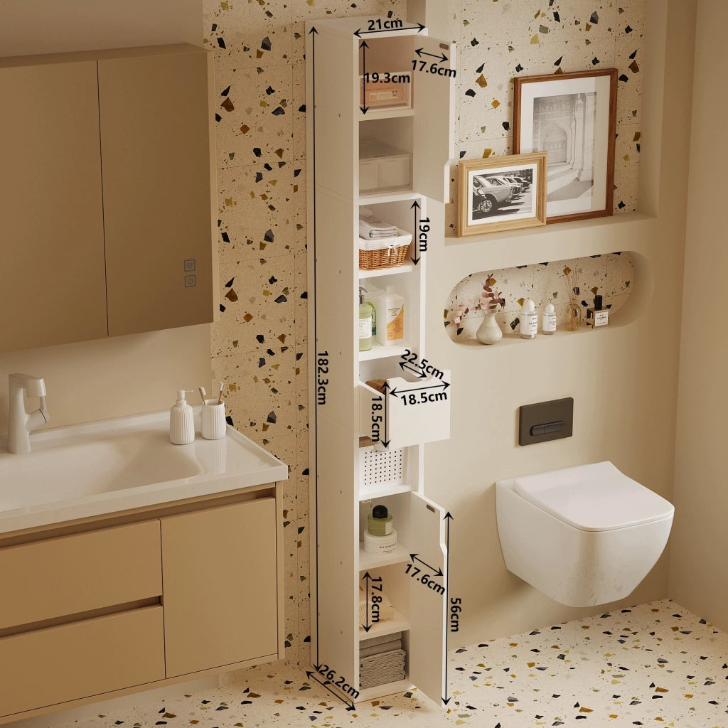 Scaffale da bagno a colonna stretta, bianco, da appoggio, 1 cassetto, pratico, in stile loft