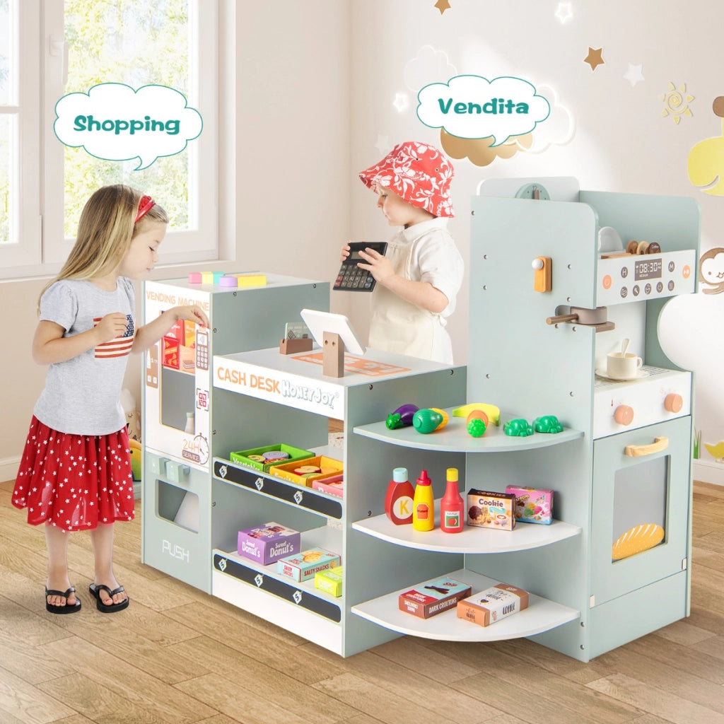 Negozio di alimentari giocattolo con macchina distributrice, Supermercato in legno con scaffali espositivi per bambini