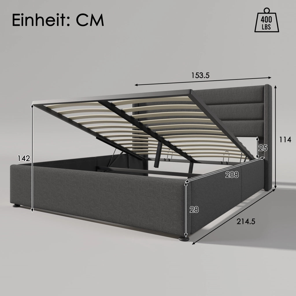Letto Contenitore Letto Matrimoniale con Testiera Imbottita; 140 x 200 cm; senza Materasso; Grigio
