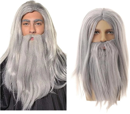 Pruik con lunga barba per cosplay - Costume da stregone per Halloween - Prugne per uomo - Fibre sintetiche morbide - Aspetto naturale - Prugne per costume