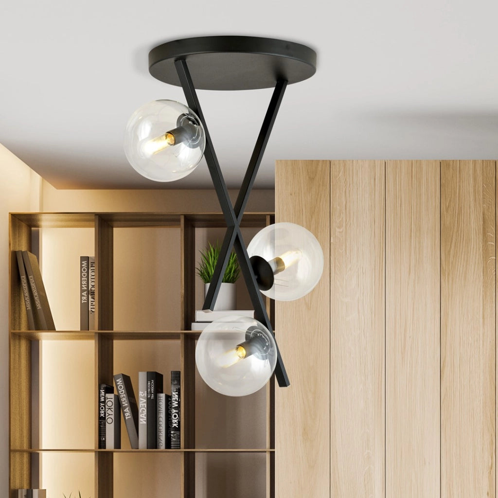 Lampadario River 3 luci vetro trasparente nero Emibig
